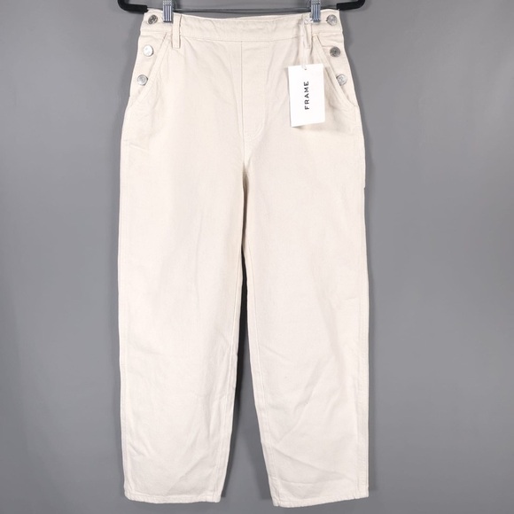 NWT FRAME Button Detail Crop Trousers Twill Pants Wide Leg 100% Cotton Size 24 - Picture 4 of 15